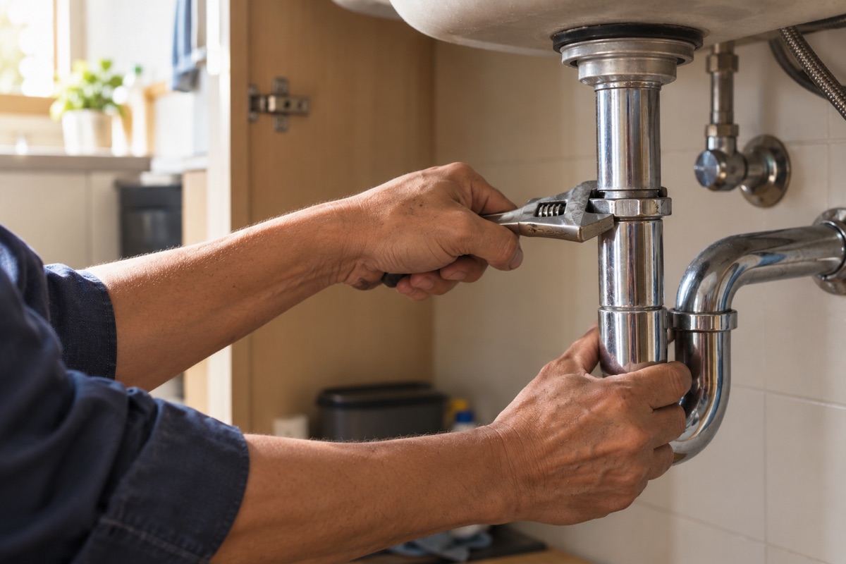 A plumber's hands tightening a pipe fitting under a sink